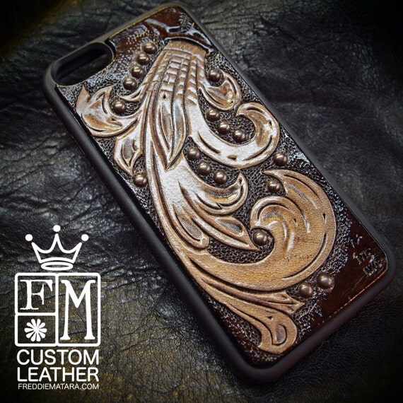 iPhone 6 cellphone case Chocolate Brown scroll studded natural hand carved leather inlay Made for YOU in NYC USA by Freddie Matara!