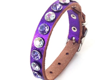 Glitter Purple Leather Dog Collar with Giant Rhinestones, Size XS/S, to fit a 7-10 Neck, Extra Small Dog, Eco-Friendly, Unique, OOAK