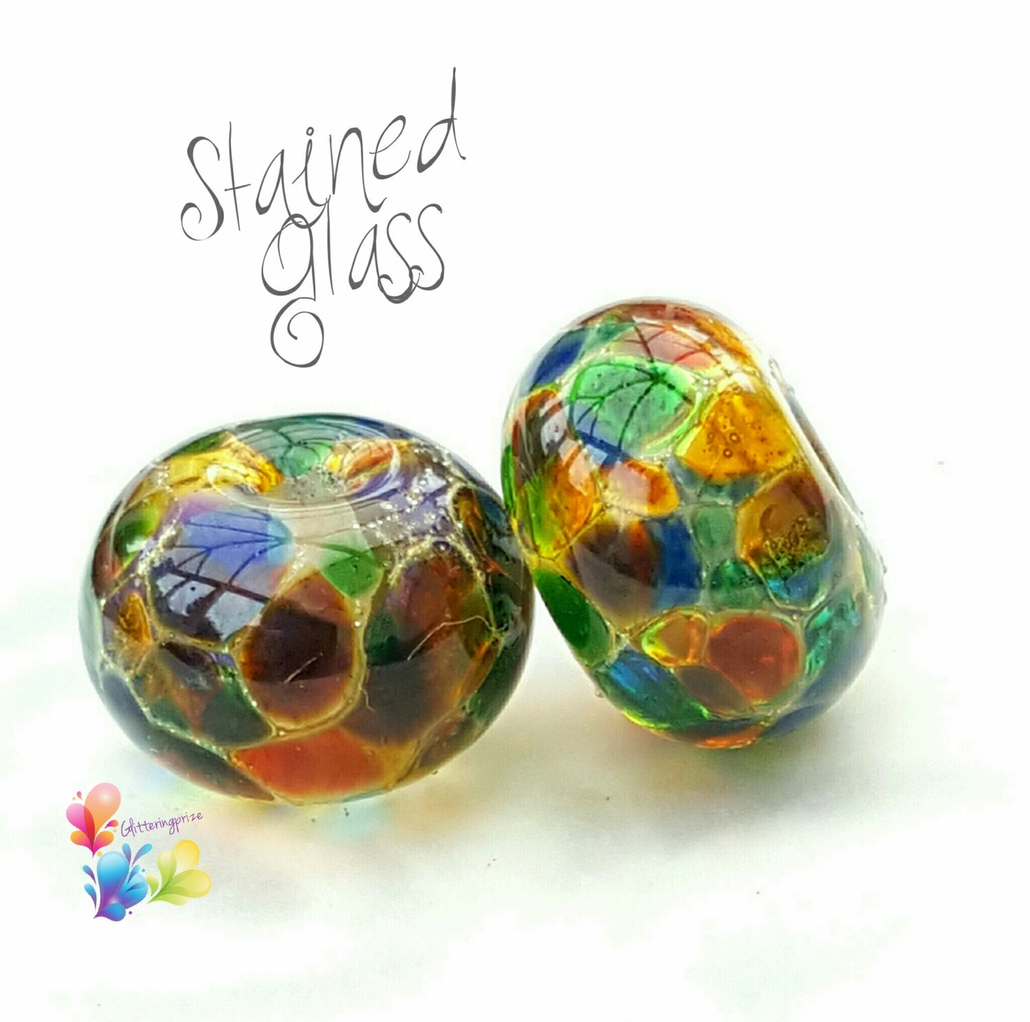 Lampwork Beads Stained Glass Pair Rainbow Beads Stained