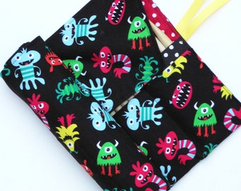 double pointed knitting needle case - organizer - crochet hook - organizer - 28 pockets - colorful monsters print