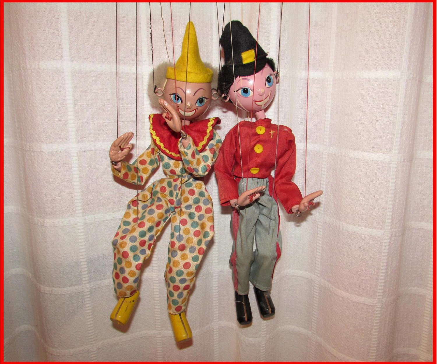 A Pair Vintage Wooden Pelham Puppets a Clown and