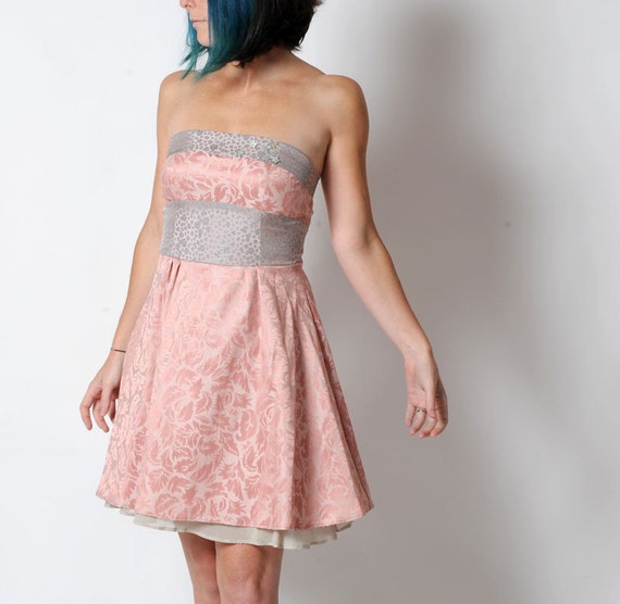 Pink strapless dress Pink and grey floral cocktail dress