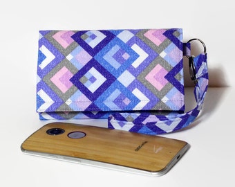 Cell Phone Wallet Wristlet, iPhone 6s Plus Wallet, Crossbody Ready, Fits Most Smartphones, LG Nexus Moto X Galaxy / Lavender Squares