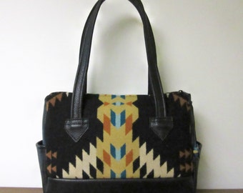 Handbag Purse Shoulder Bag Black Leather Blanket Wool from Pendleton Oregon Southwest Style
