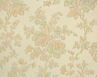1920's Vintage Wallpaper - Antique Floral Aqua Coral and Yellow Flowers