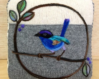 Needle Felted Blue Fairy Wren Pillow made from Recycled Sweater Wool Fabric by Val's Art Studio, Unique Room Decor, Wool Fabric Art Pillow