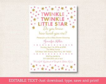 Twinkle Twinkle Little Star Baby Shower Invitation / Gold Glitter Star / Pink & Gold / Baby Girl / INSTANT DOWNLOAD Editable PDF