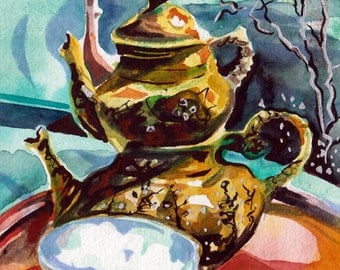 Painting of Turkish Tea Kettle - Watercolor and Ink Original Art by Jen Tracy - Decoration for a Tea Room