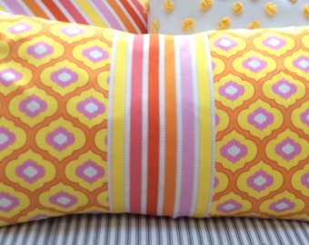 BOHO /French CoTTaGe Down Pillow/12x20/Lumbar/Decorative Pillow/stripe/yellow/Throw Pillow