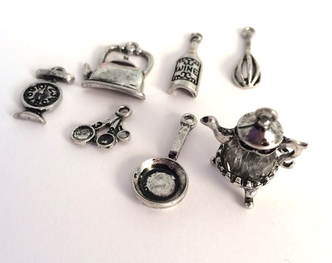 Set of Food Cooking Kitchen Themed Charms Antique Silver-tone