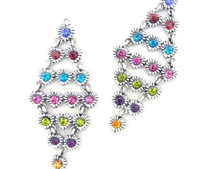 Pair of Antique Silver-tone Heart Chandelier Drop Charms Colored Rhinestones