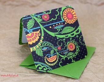 Blank Mini Card Set of 10, Art Nouveau Design with Contrasting Pattern on the inside, Metallic Greeen Envelopes, mad4plaid