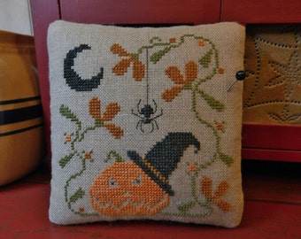 Completed Cross Stitch "Jack in the Hat" Pinkeep, Primitive Halloween Folk Art Pumpkin Pin Cushion
