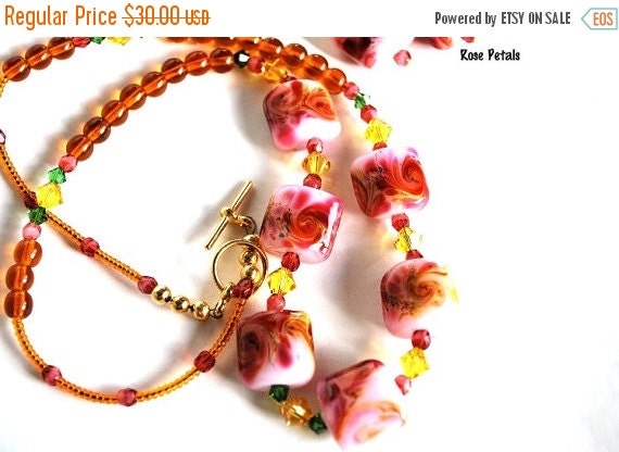 On Sale Pink and Yellow Necklace and Earring Set, Lampwork Beads, Handmade Jewelry Set