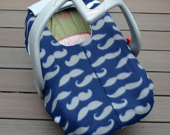 Mustaches on Navy Infant Car Seat Cover, Blanket with Zipper for Fall, Winter, or Spring Baby
