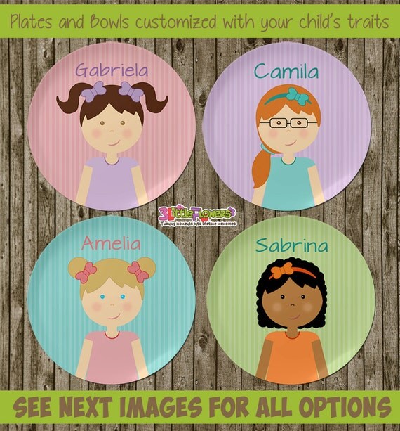 Little Girl Plate and Bowl Set - Personalized Melamine Children Plate and Cereal Bowl - Kids Dishes for Mealtime - Choose hair skin color