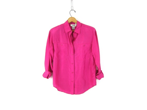 Fuschia Pink Silk Blouse Slouchy Button Up by dirtybirdiesvintage