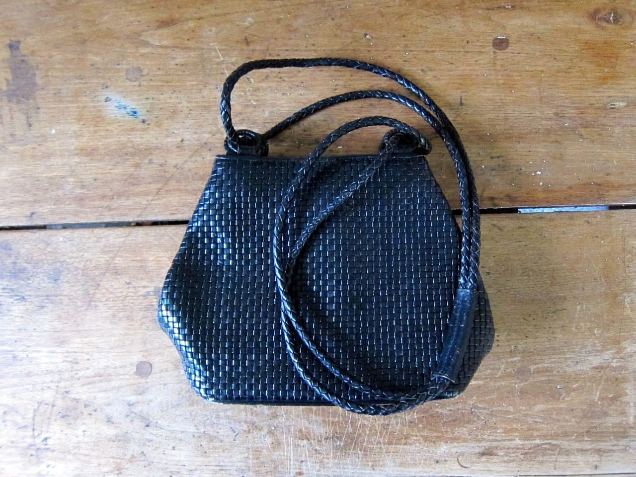 Black Braided Leather Bag Double Strap Crossbody Purse Woven