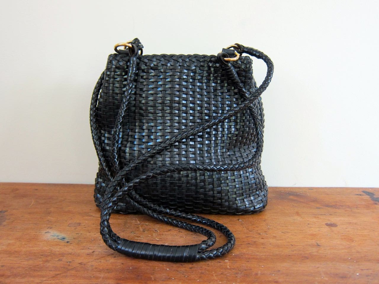 Black Braided Leather Bag Double Strap Crossbody Purse Woven