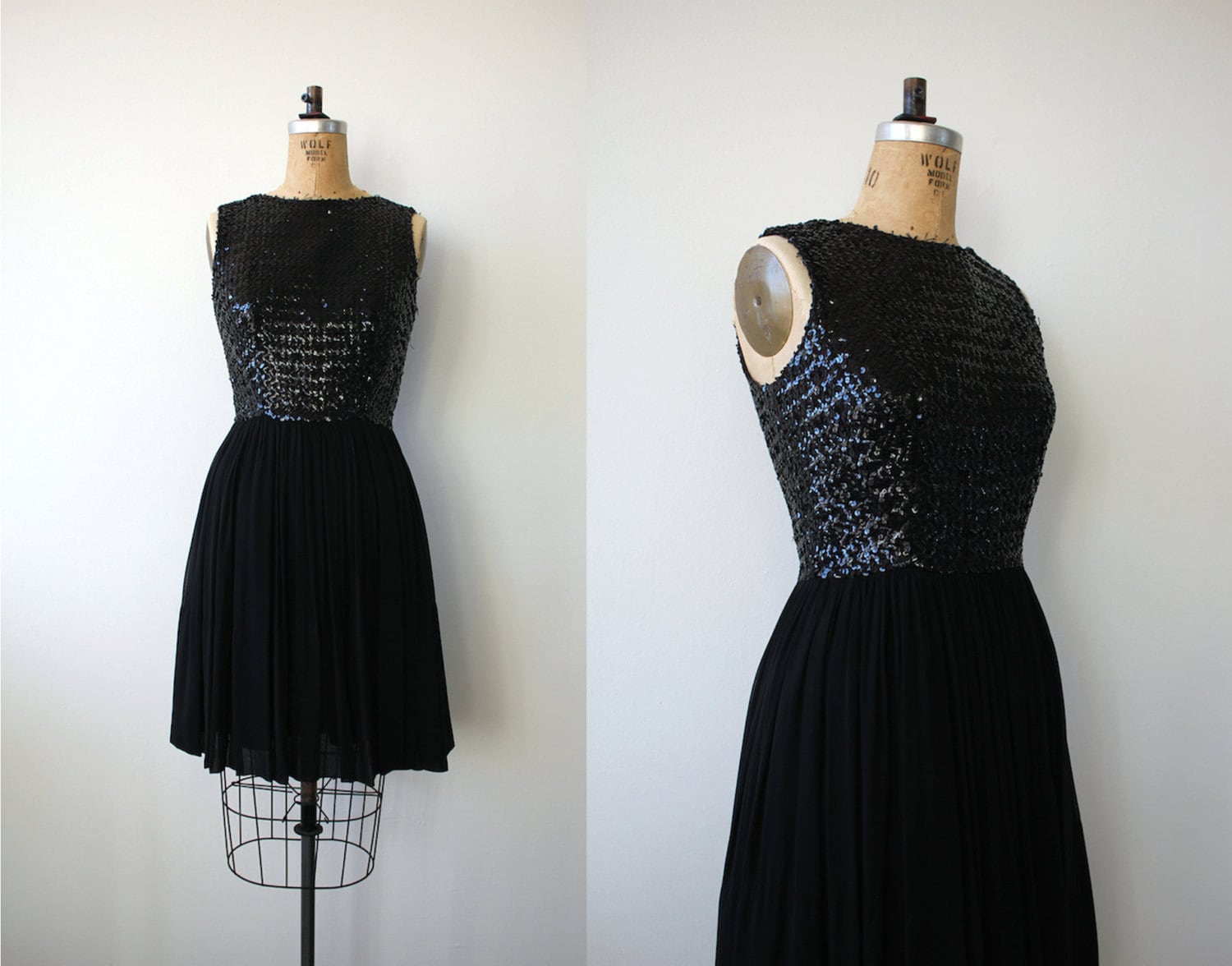 Vintage Black Chiffon Sequined Cocktail Dress