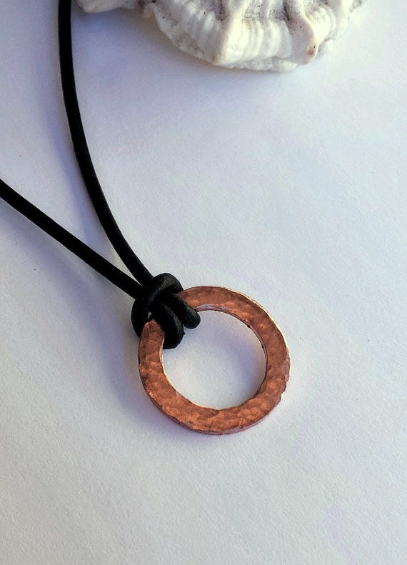 Mens Leather necklace hammered copper pendant mens jewelry