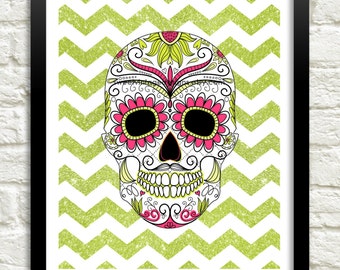 Skull Art Print, 8x10 Instant Download, Sugar Skull Art, Day of the Dead, Dia De Los Muertos, Pink Green Skull, Dorm Decor, Skull Poster