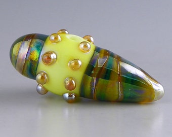 handmade lampwork glass bead a unique focal with layered dots of iridescent gold and green silverglass - Gold Spike