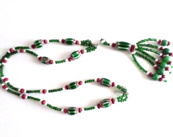 Gisèle Gomez Green Beads Statement Choker/Sautoir Necklace | Chevron Bead Tassel Necklace | Convertible Handmade Y Necklace | Made in USA