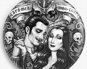Needle Minder, Licensed Art By Medusa Dollmaker,Morticia Addams, Gomez,Halloween, Cross Stitch Keeper, Fridge Magnet, Pattern Holder,
