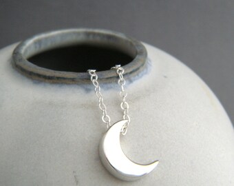 small crescent moon necklace. sterling silver bead small celestial dainty jewelry simple summer choker charm delicate everyday pendant. 1/2"