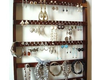 Beautiful Dark Mahogany, Jewelry Holder Wall Mount, Earring Organizer, Necklace Storage, Bracelet Display, Solid Oak Hardwood