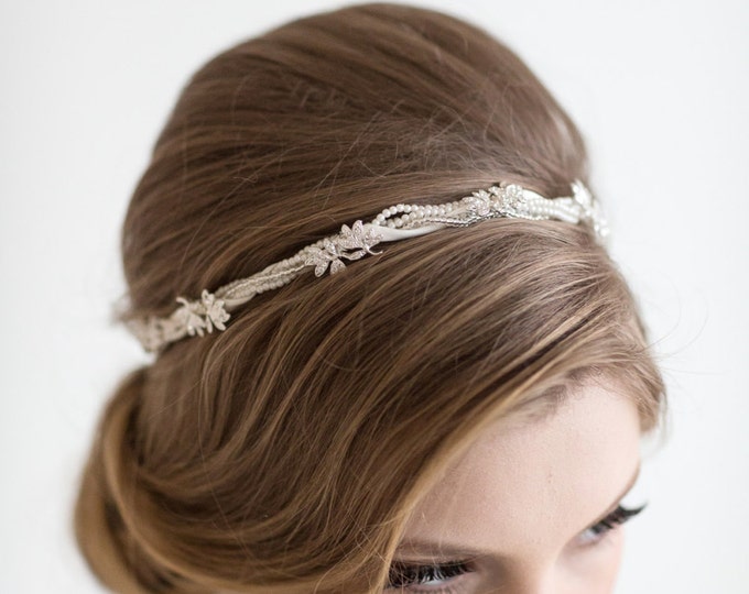 Bridal Headband, Bridal Ribbon Headband, Wedding Hairpiece, Rhinestone Ribbon Headband, Pearl Crystal Headpiece