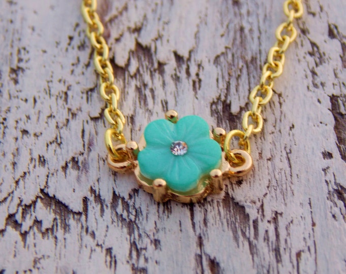 Flower Necklace Dainty Mint Green Petite Gold Necklace Teal Blue Simple Minimalist Bohemian Boho Layering Gold Tone Necklace