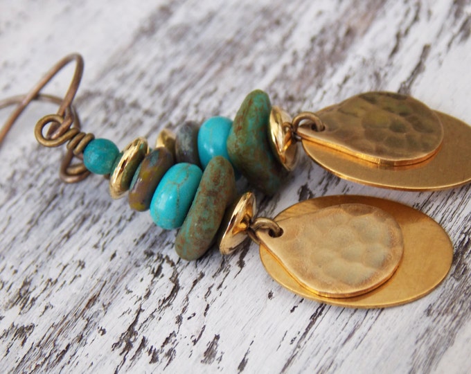 Czech Glass Earrings Brass Dangle Boho Bohemian Drop Earrings Copper Drop Green Turquoise Rustic Woodland Gold Brass Earrings