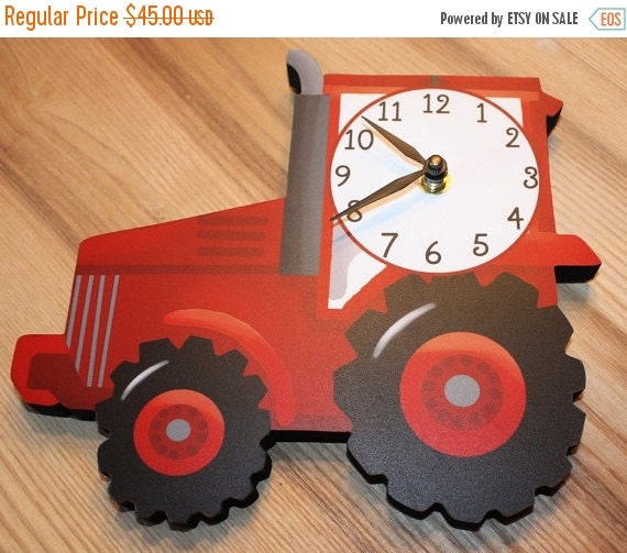 Holiday SALE on Now Red Tractor Wooden WALL CLOCK for Boys Bedroom Baby