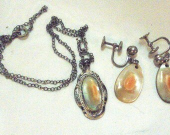 Vintage Art Nouveau Sterling Silver Blister Pearl Pendant, Necklace & Earrings