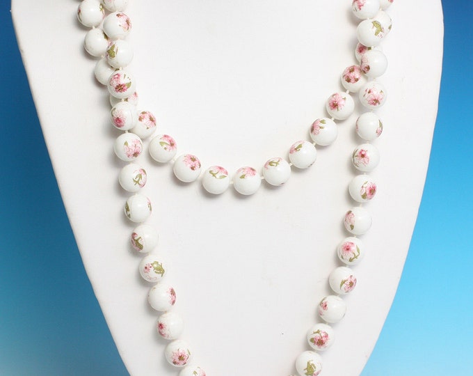 Pink Flowers White Beads Necklace Extra Long 42 Inches Flapper Length Vintage