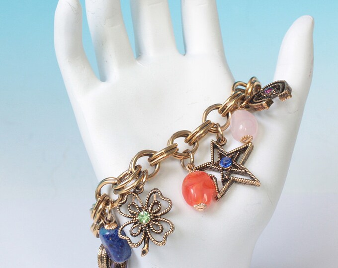 Chunky Charm Bracelet Heart 4 Leaf Clover Horseshoe Star Rhinestones Vintage