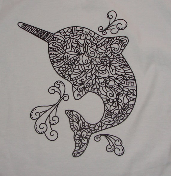 Coloring Zendoodle Narwhal Dolphin TRANSFER Iron On Adult  