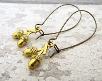 Acorn earrings, gold acorn earrings, dangle earrings, woodland jewelry