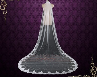 One Layer Chapel Wedding Veil with Lace from Midway, Lace Wedding Veil, Long Lace Veil, Single Tier Veil | VG1081