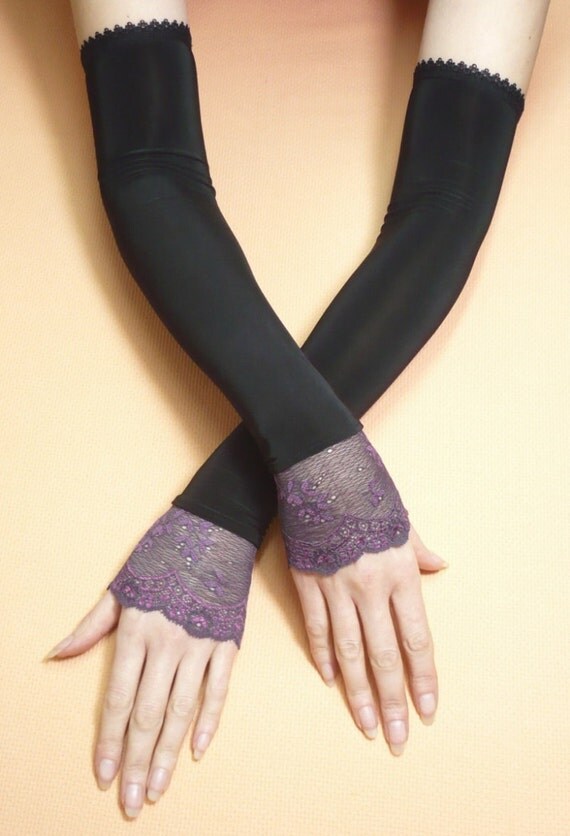 Long Black Elegant Evening Fingerless Opera Gloves Purple Lace