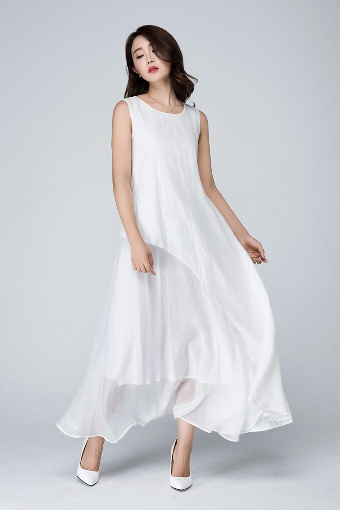 White dresslinen dress casual dresses for women layered