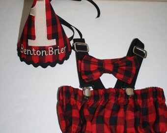 boys lumberjack first birthday outfit cake smash outfit red and black plaid 1st birthday hat suspenders, diaper cover, bow tie, birthday hat