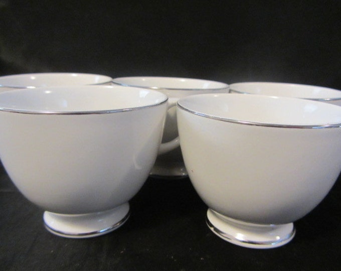 5 Vintage China Cups In White with Thin Silver Rim, Replacement China, Collectable China, Coffee Cups, Crafting Cups
