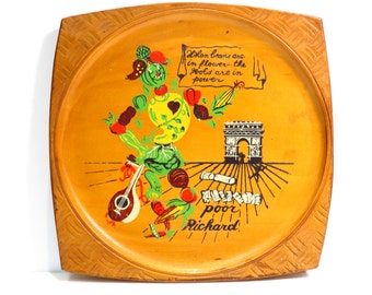 Kitschy Kitchen Wall Plaque Vintage 1950s Wood Veggie Poor Richard Proverb