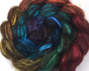 Spinning Fiber - Alpaca & Tussah Silk Combed Top - Dark Chocolate Rainbow roving