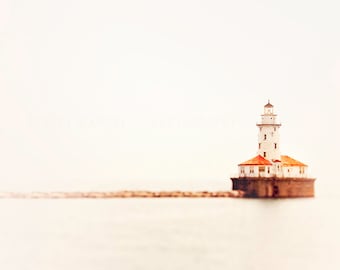 Lighthouse Print, Landscape Photography, Lake Michigan Wall Art - Chicago Photograph, Harbor Light, red, soft gray, nautical home decor