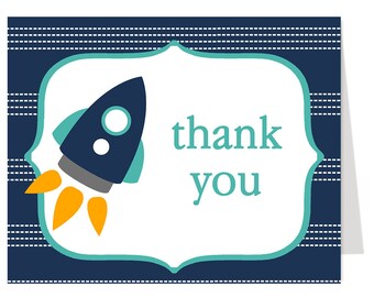 Rocket, Spaceship, Thank You Cards, Baby Shower, Boys, Outer, Space, Ship, Blue, Alien, Astronaut, 24 Folding Notes, FREE Shipping, Printed