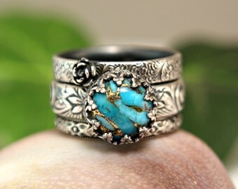 Vintage Style Copper Turquoise Stacking Rings, Three Ring Set, Sterling Silver Bohemian Style Jewelry